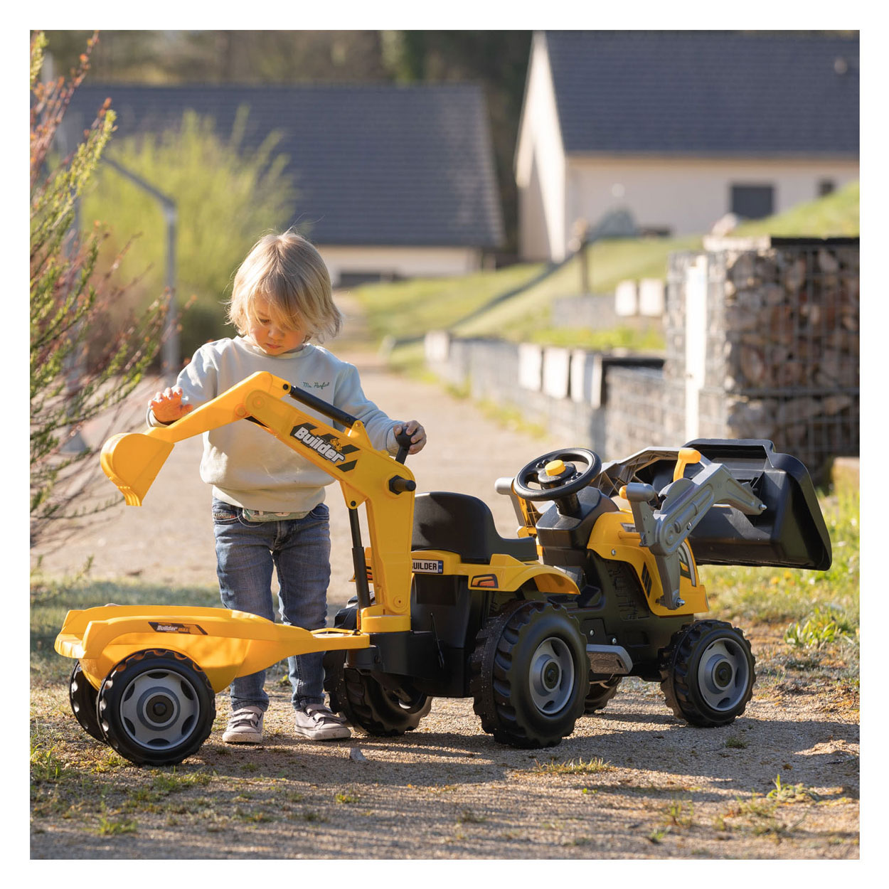 Smoby Builder Max Graafmachine Traptractor met Trailer Geel