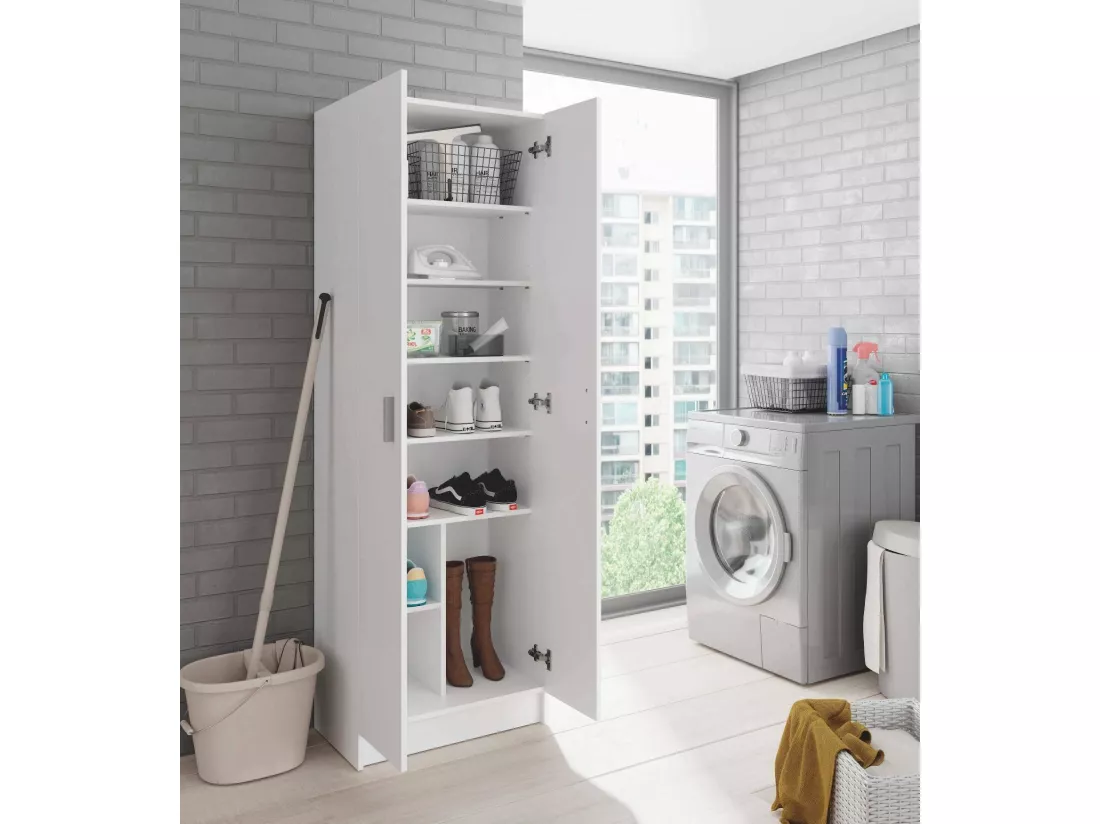 Armoire polyvalente Dimarc, Armoire auxiliaire avec 2 portes, Armoire à chaussures moderne, Étagère à chaussures verticale, 59x37h180 cm, Blanc