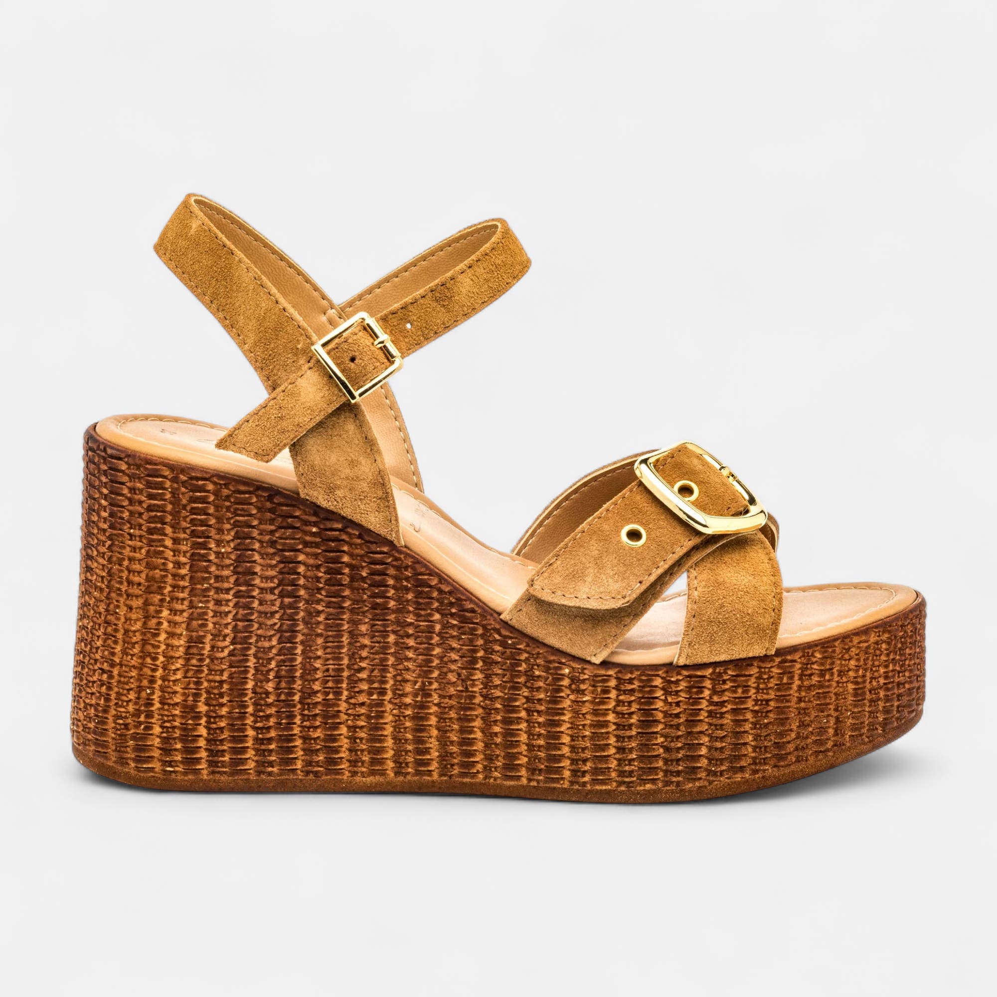 Nu-pieds à talon compensé Femme en cuir camel