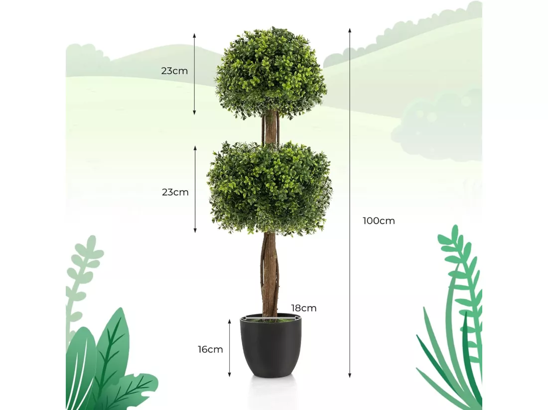 Arbre Topiaire en Buis Artificiel, Fausse Plante de Buis avec Pot en Plastique Rempli de Ciment, pour Décoration de Maison Bureau Jardin et Entrée (100 cm)