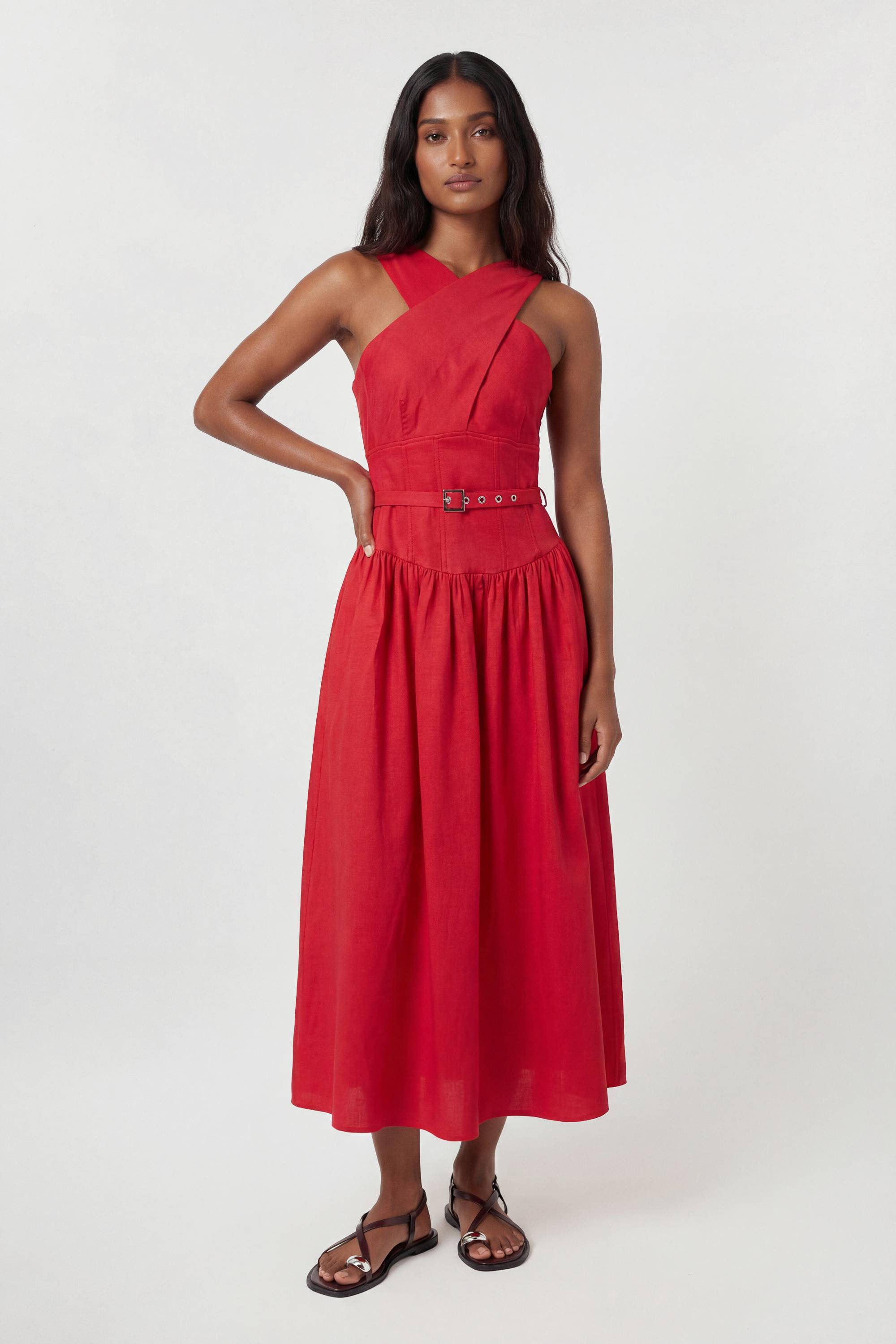 KarenMillen Robe Mi-Longue Évasée En Lin Premium Avec Col Licou Et Ceinture Ajustée