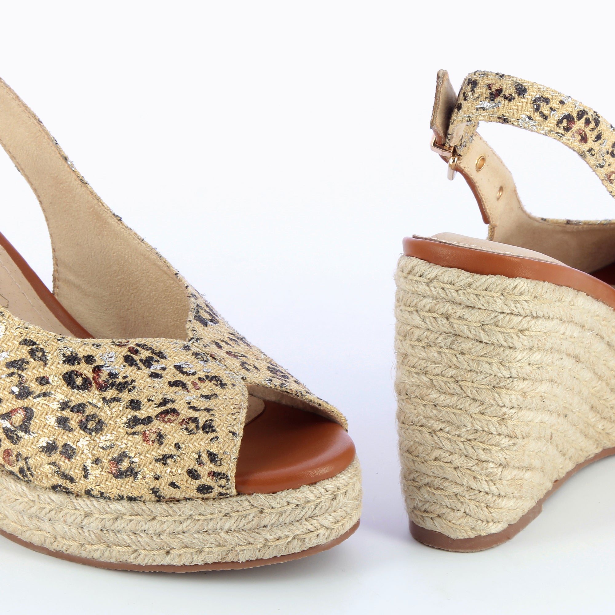 Sandales à talon, Compensées-Sandales compensées Gaëlle en tweed léopard beige