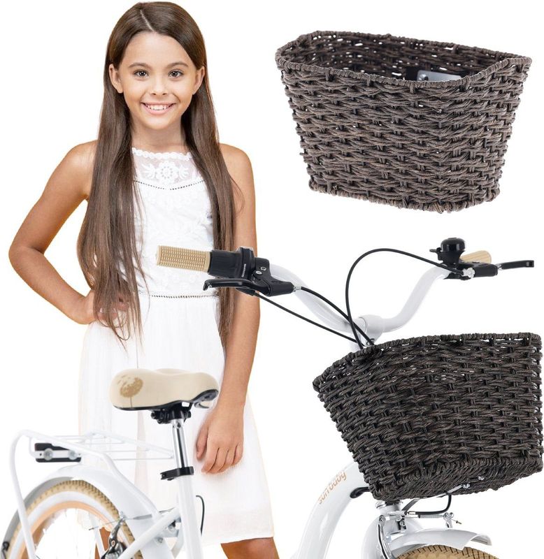 sun baby Fietsmand kinderfiets, rieten mand voor step, leren riemen, universeel (20, 24 inch), verschillende kleuren beschikbaar - Donkerbruin