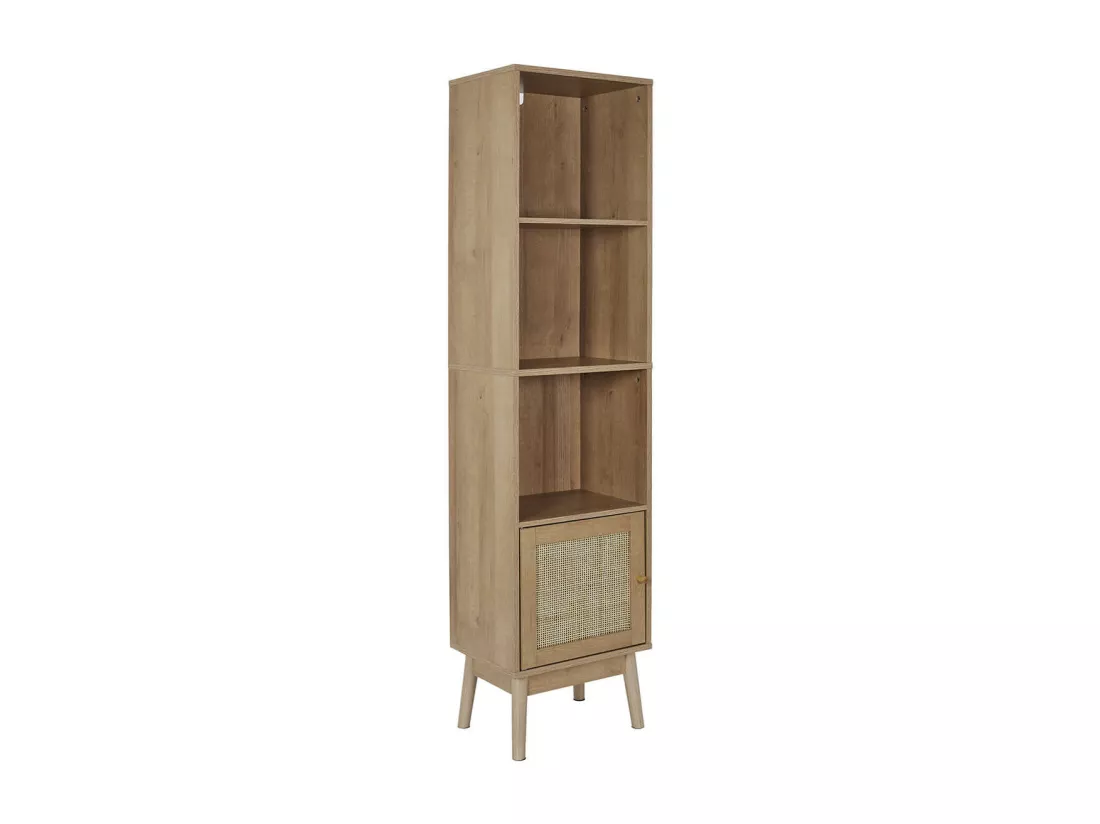 MAYA - Rangement Colonne 3 Etagères 1 Porte Effet Bois et Façades Rotin
