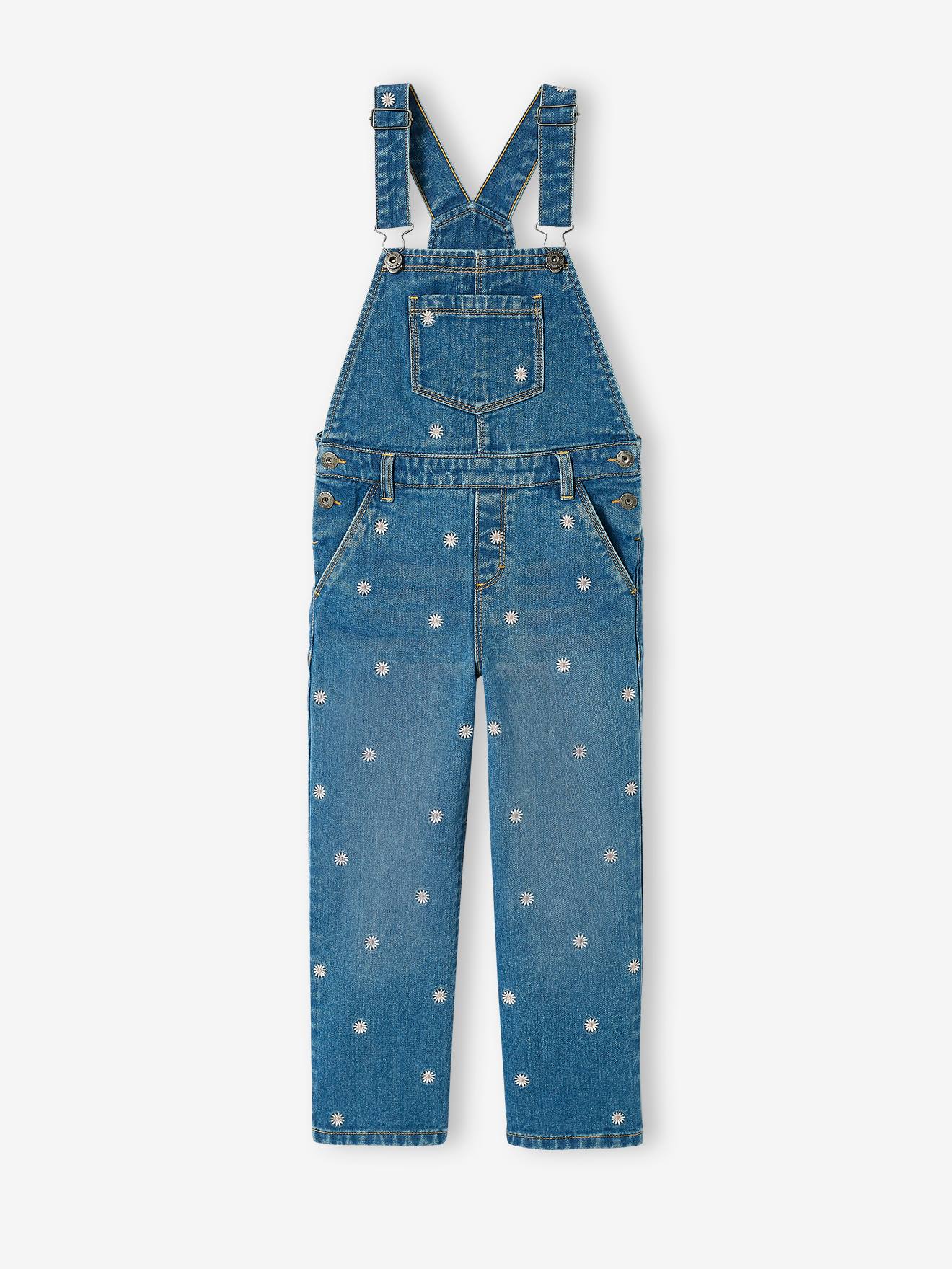 Jardineira jeans com bordado floral e pernas largas, lavagem azul escura, para meninas.