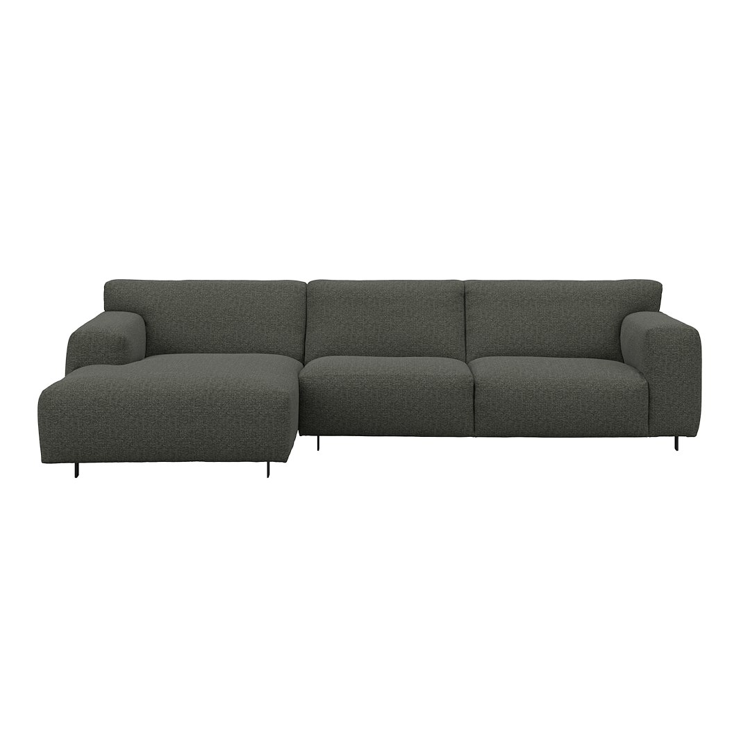Vesta 2,5-seter med sjeselong venstre I Tekstil Cortina Grey, standardsøm, sort metallben 10 cm, Comfort CM