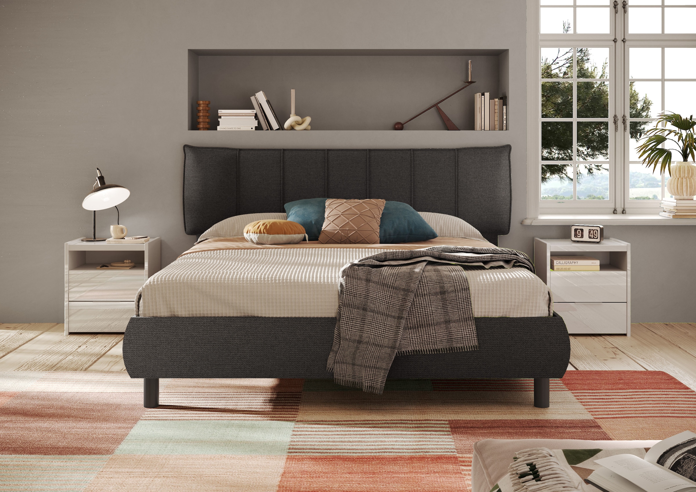 INOSIGN Polsterbett »HUG, Bettgestell Liegefläche 180x200 cm, Doppelbett,« Kopfteil gepolstert, Bettrahmen gebogen, Stoff Rauchgrau