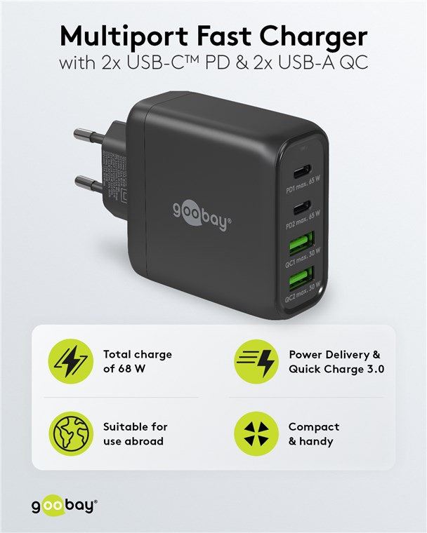 (68W/3A) 2x USB A / 2x USB C GaN Ladegerät Netzteil Power Delivery / Quick Charge (64818) - Weiss