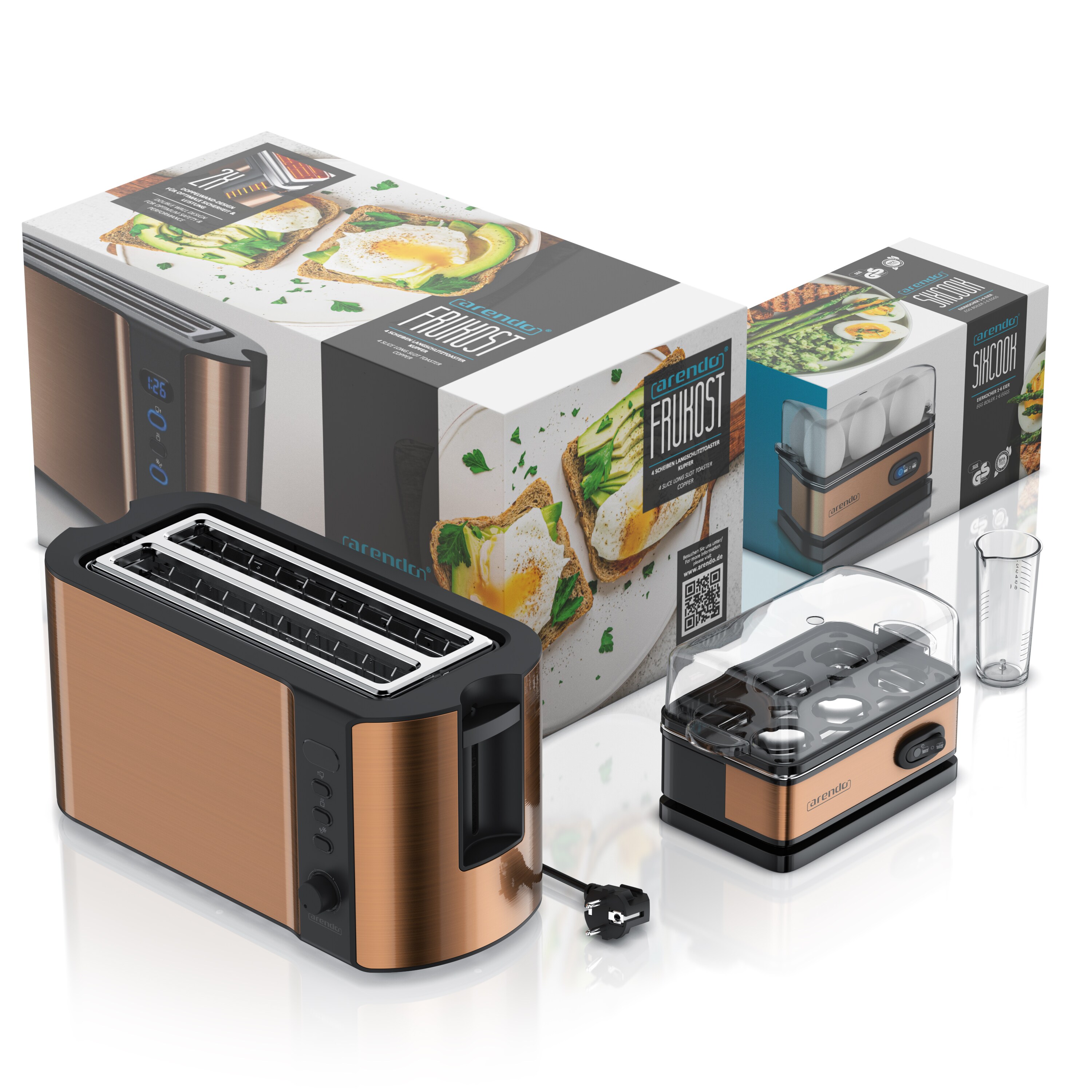 Arendo Frühstücks-Set 2-teilig, 4-Scheiben Langschlitztoaster, 6er Eierkocher, Kupfer
