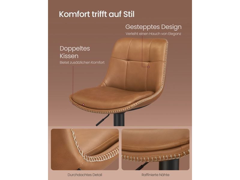 VASAGLE Barhocker 2er Set 48 x 90 cm/112 cm, Braun Stabile Barstühle aus Kunstleder mit Rückenlehne