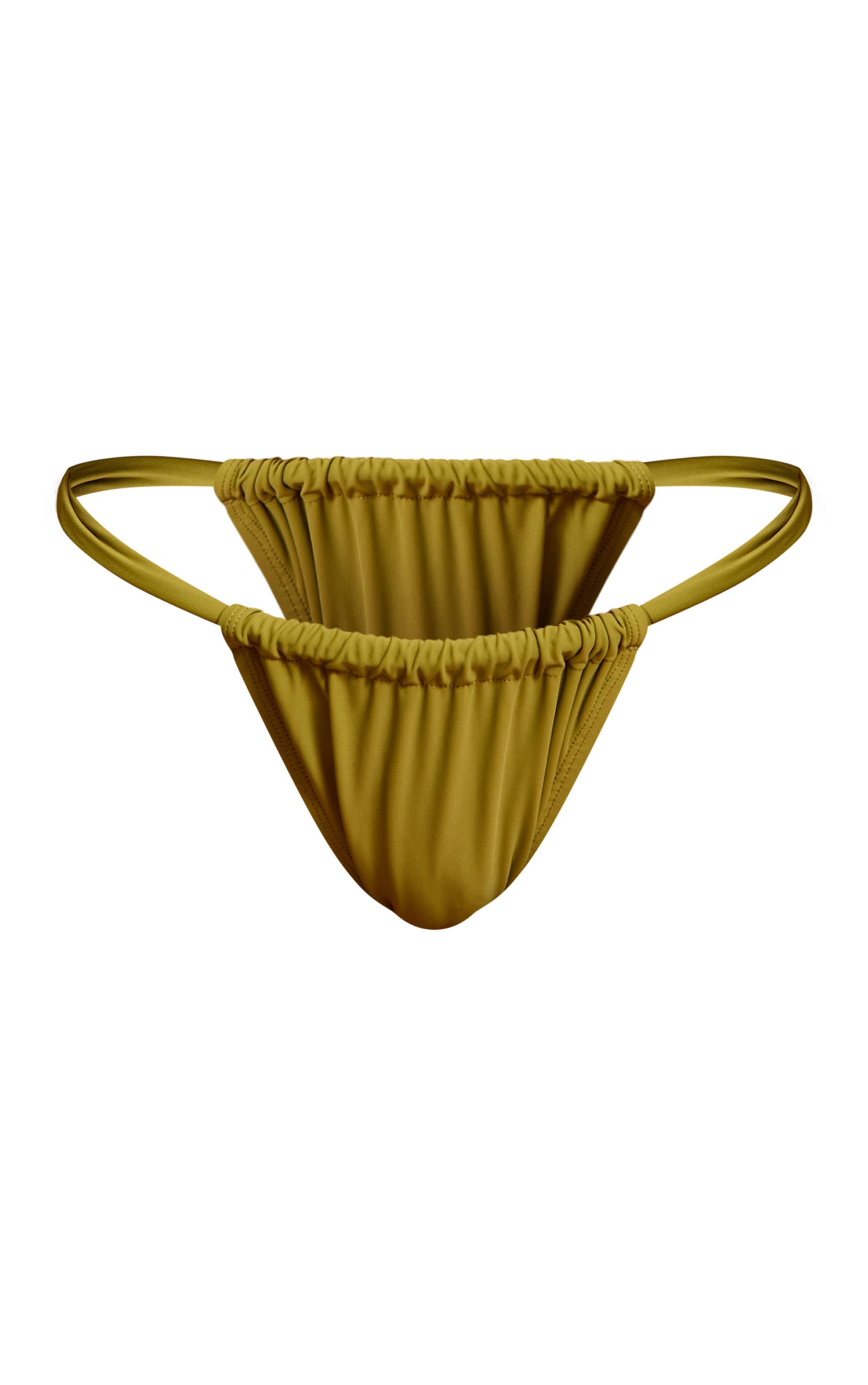 Vert Olive Bas De Bikini Tanga À Bretelles Froncées