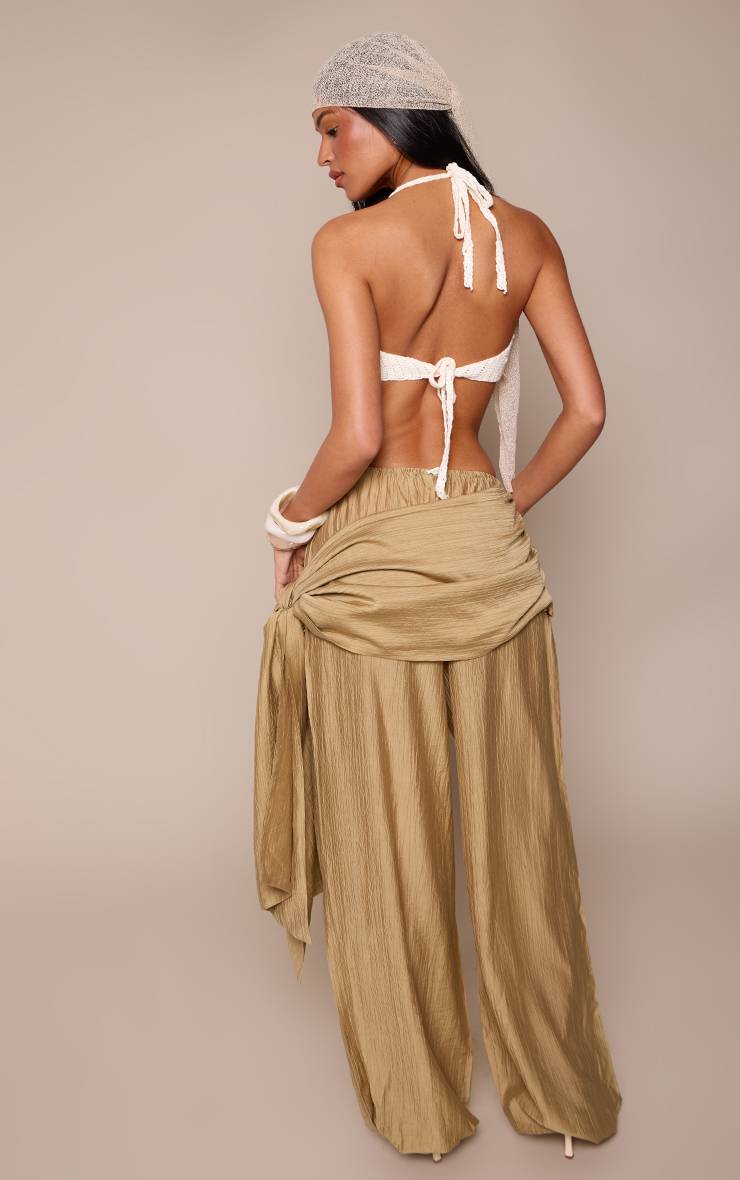 Vert Olive Pantalon Ballon Grand Taille En Tissu Tissé Léger Froissé Avec Lien À Nouer
