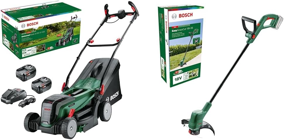 Bosch Akku-Rasenmäher UniversalRotak 2x18V-37-550 & Akku Rasentrimmer EasyGrassCut 18V-26 (ohne Akku, 18 Volt Power for All System, Schnittkreisdurchmesser: 26 cm, im Karton)