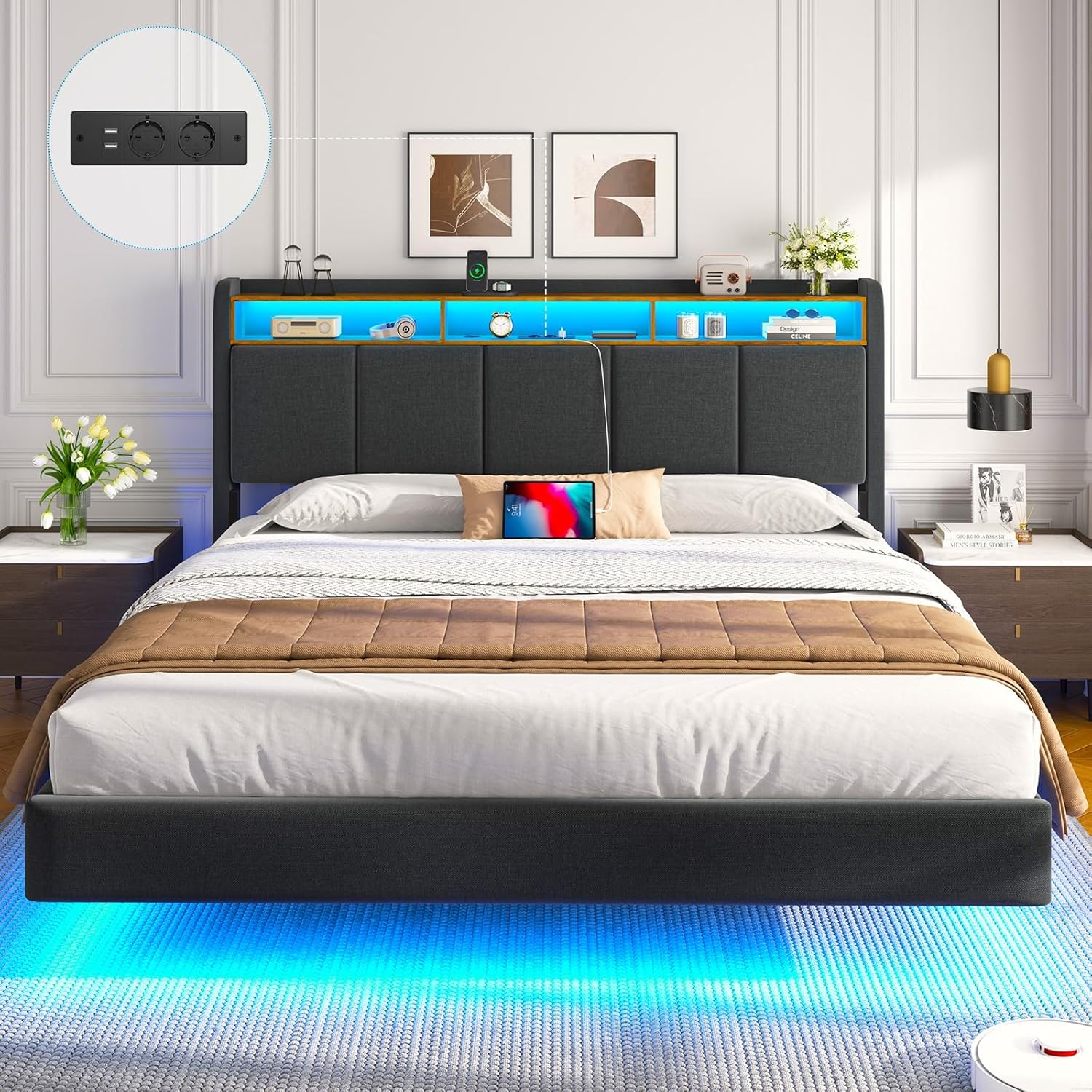 Polsterbett 180x200 cm Schwebebett mit LED-Beleuchtung, Kopfteil und Ladestation(2 AC-Steckdosen, 2 USB-Anschlüsse), Bett 180x200 mit Stauraum, Modern Doppelbett mit lattenrost, Leinen, Grau