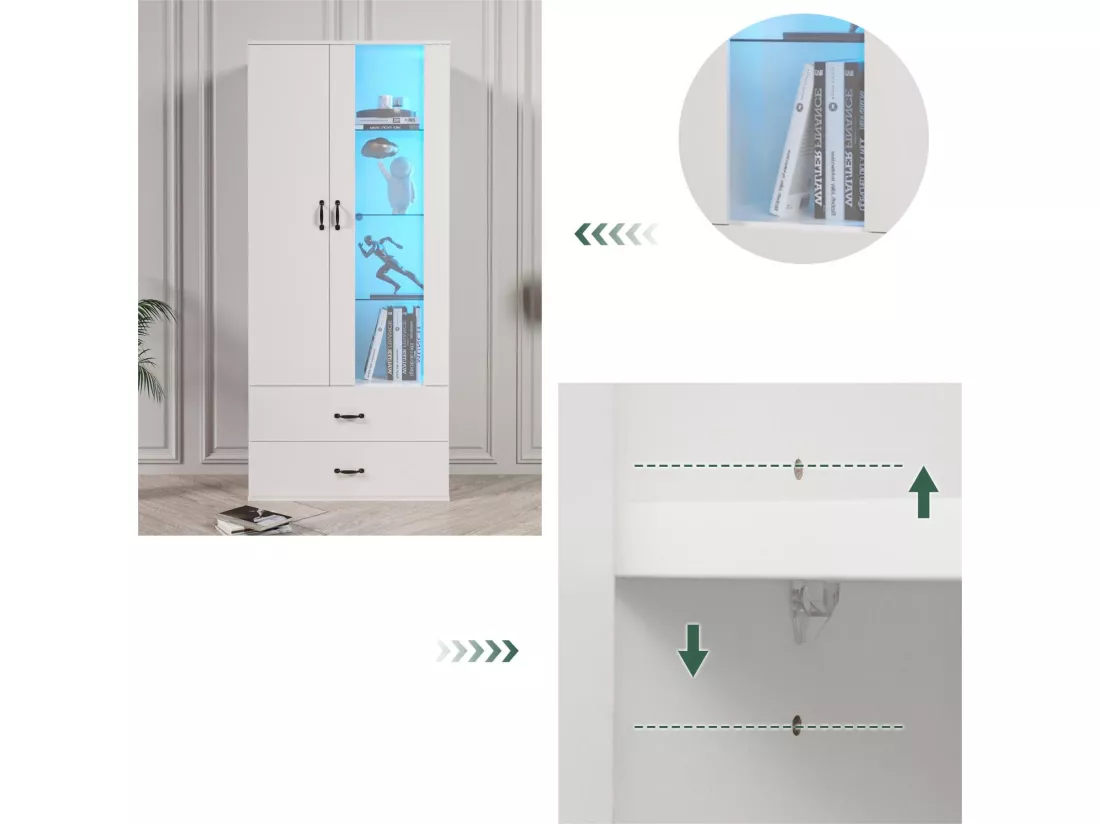 Vitrine avec 2 porte et 2 tiroirs et LED - Hauteur 180cm - Blanc