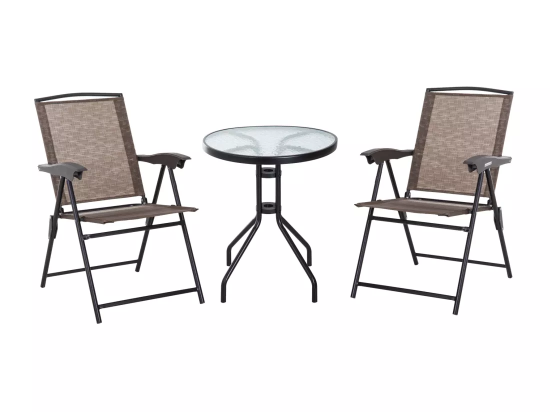 Ensemble de jardin 3 pièces 2 chaises inclinables multi-positions pliables + table ronde verre trempé métal époxy textilène chocolat
