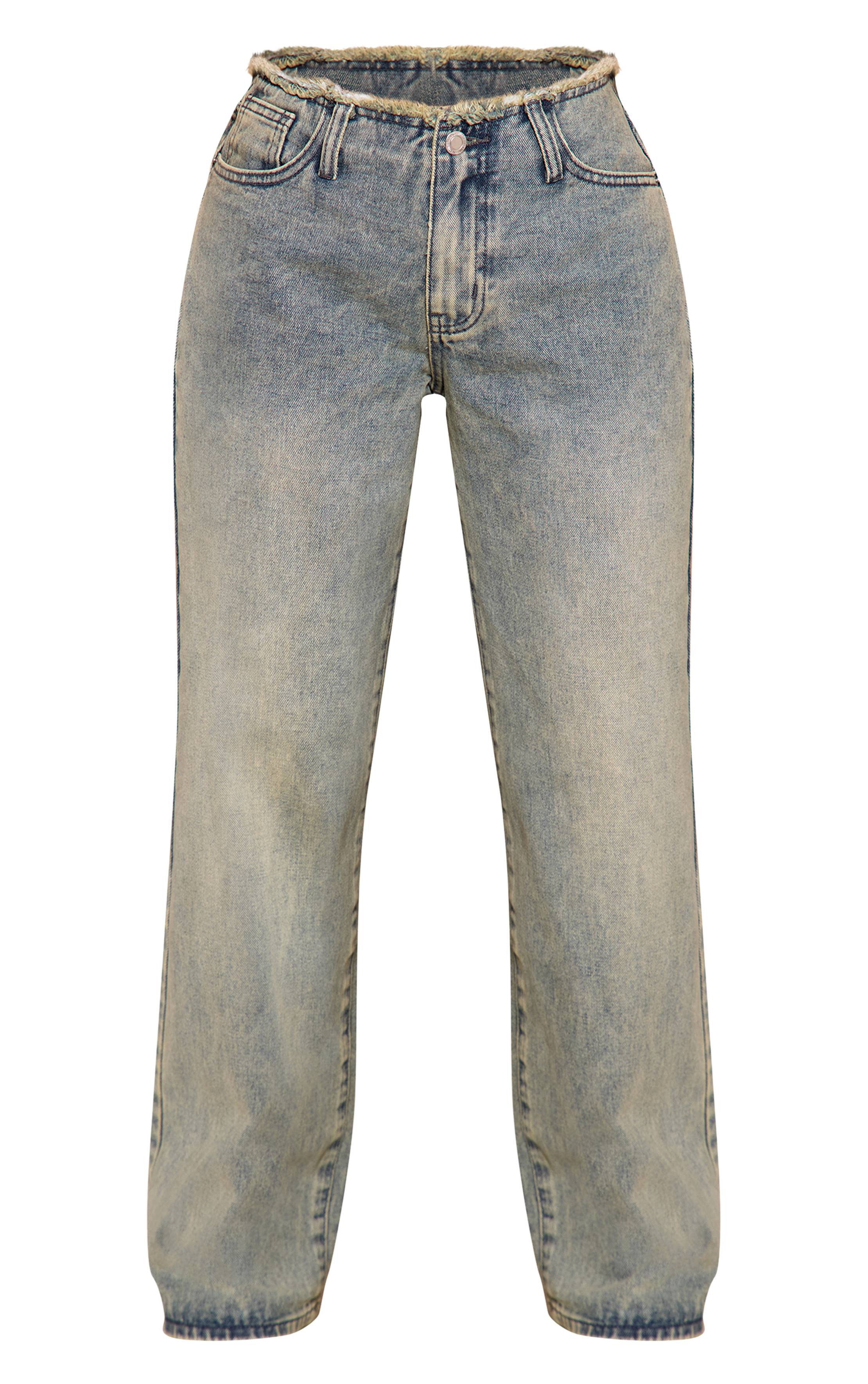 Délavage Vintage Jean Petite Taille Basse Coupe Droite Taille Effilochée