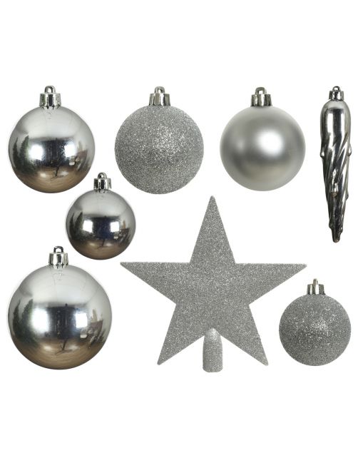 Decoris Kerstboomdecoratie - Kerstboomversiering - Ø8 cm Zilver 33 33-Delig
