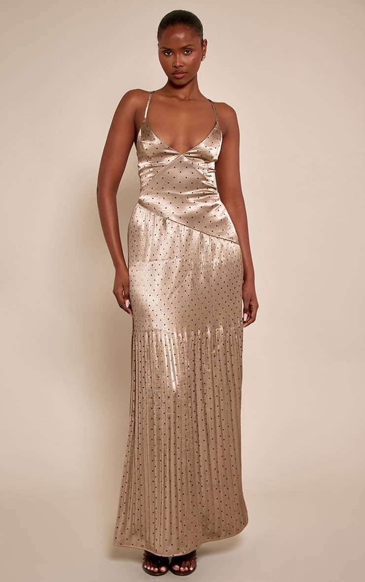 Taupe Robe Maxi À Pois Avec Décolleté En V