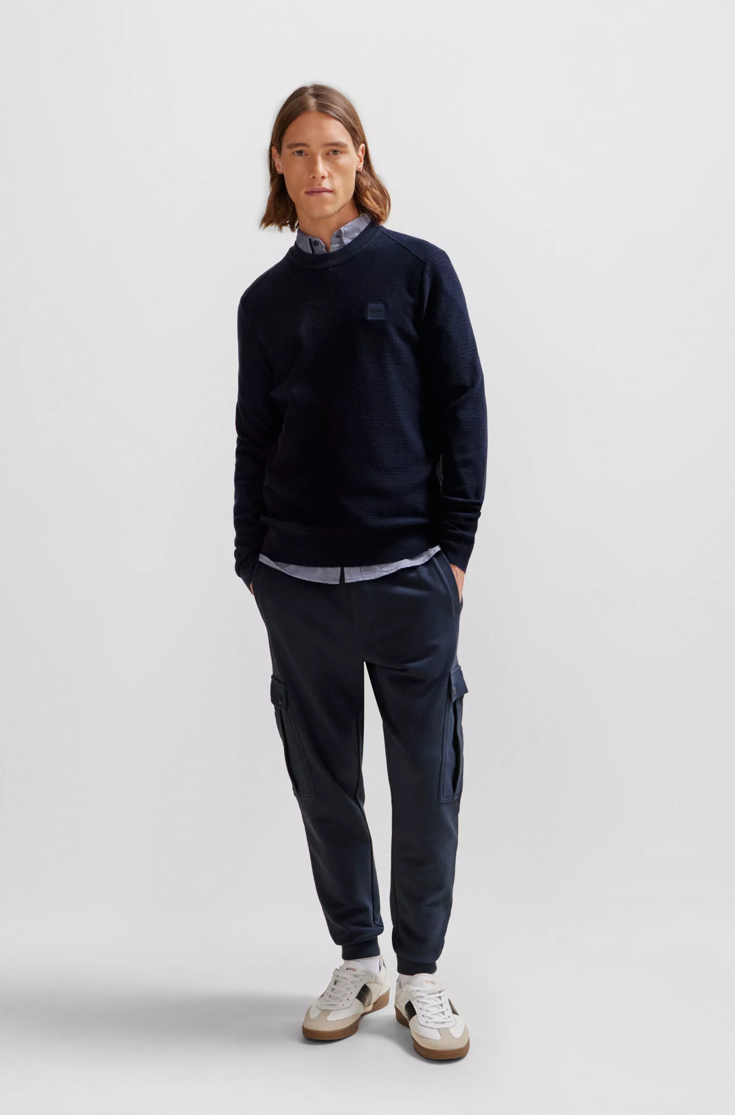 Suéter BOSS laranja de algodão e cashmere, corte regular, com etiqueta com o logotipo.