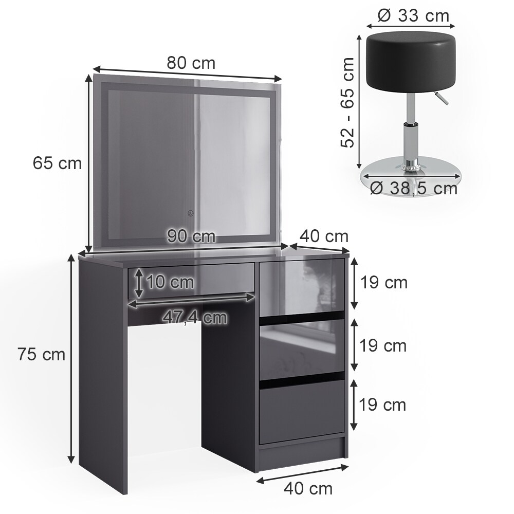 Vicco Schminktisch Sherry Anthrazit Hochglanz 90 x 75 cm LED-Spiegel & Hocker