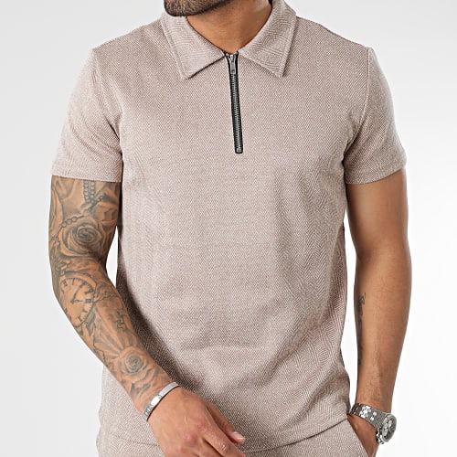 Ensemble Polo Manches Courtes Et Short Jogging Beige Chiné