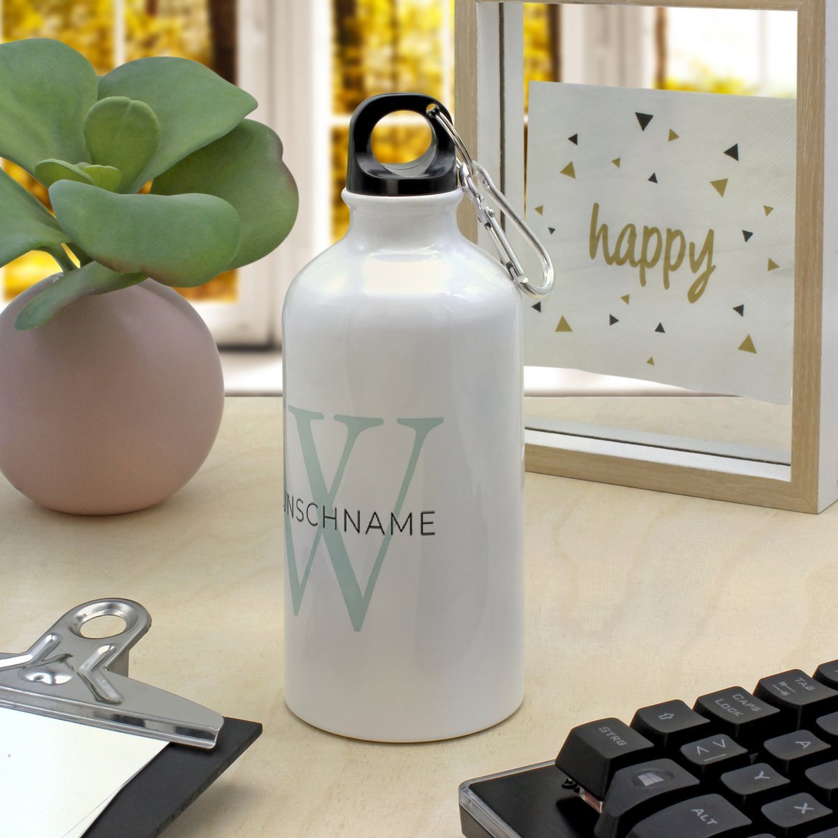 Alu-Trinkflasche mit Namen, 500 ml, weiß (Motiv: Initiale)