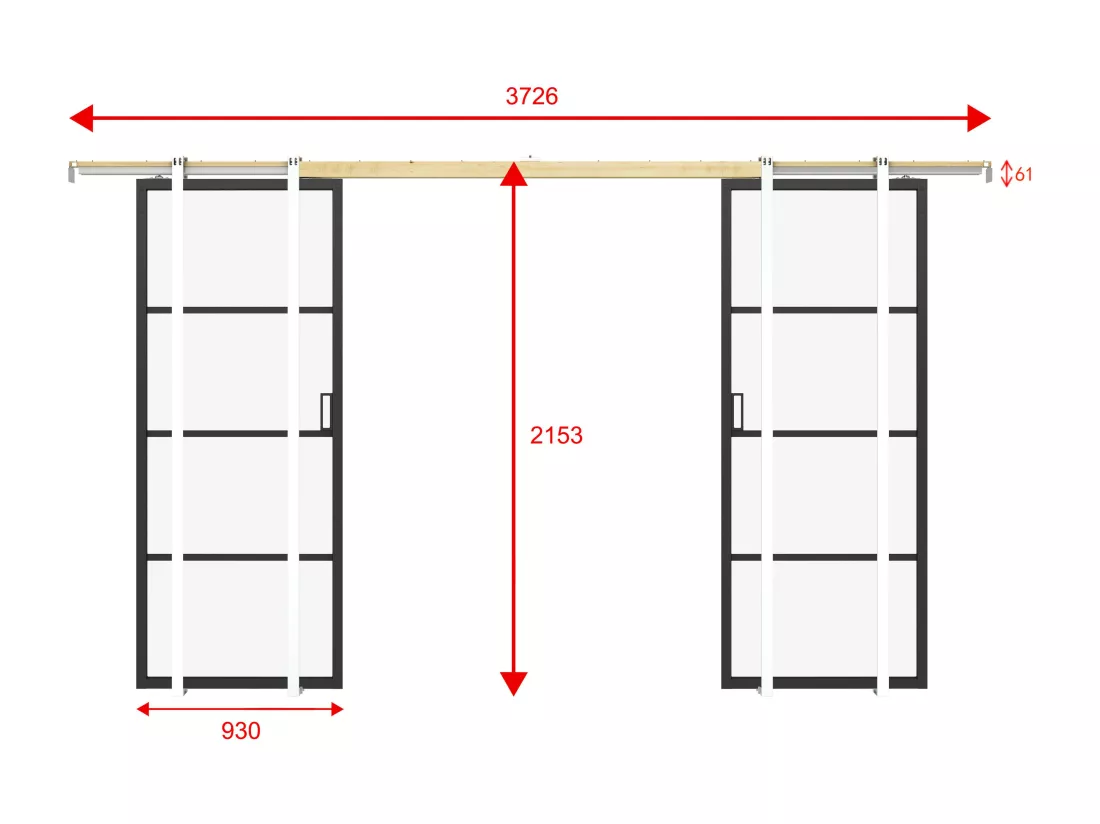 Porte coulissante double avec système à galandage - aluminium et verre trempé transparent - 2 x H205 x L93 cm - SINCA II