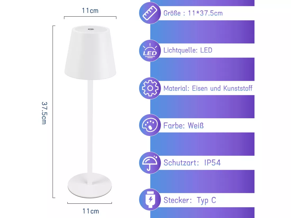 NETTLIFE Lampe de Chevet à Batterie sans Fil - LED RGB 2600mhA Lampe de Table d'extérieur Rechargeable Tactile Dimmable Blanc Lampe à Batterie USB