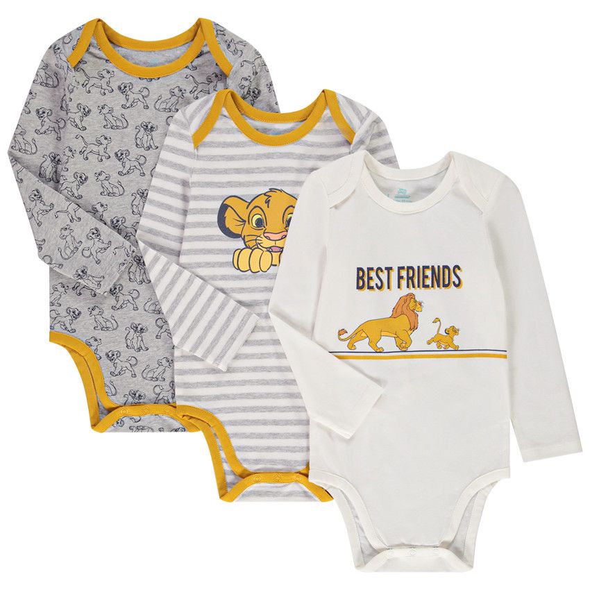 Lot de 3 bodies Le Roi Lion Disney pour bébé garçon avec ouvertures différentes selon l'âge - Gris clair