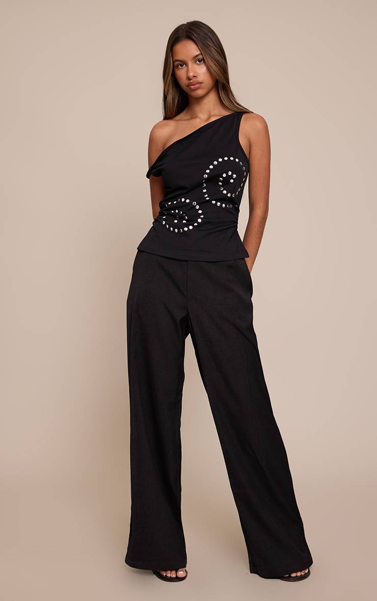 Noir Top Asymétrique À Détails De Clous Tourbillons Petite