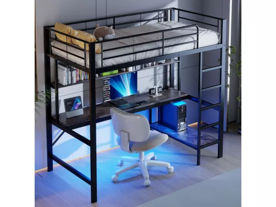 Lit mezzanine 90x200 cm - avec barrières - avec échelle - avec USB et prises - avec lumière LED - avec bureau + étagères à plusieurs niveaux - noir (sans matelas)