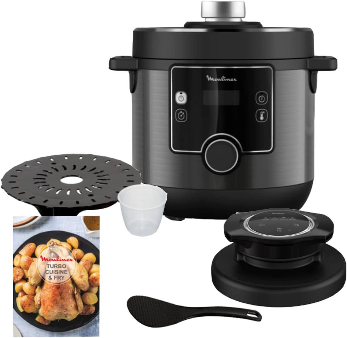 Moulinex Turbo Cuisine & Fry CE7788-2 in 1: Elektrischer Schnellkochtopf und Luftfritteuse bis zu 1450 W Leistung, antihaftbeschichtet, 15 automatische Programme, Timer, Zubehör, schwarz