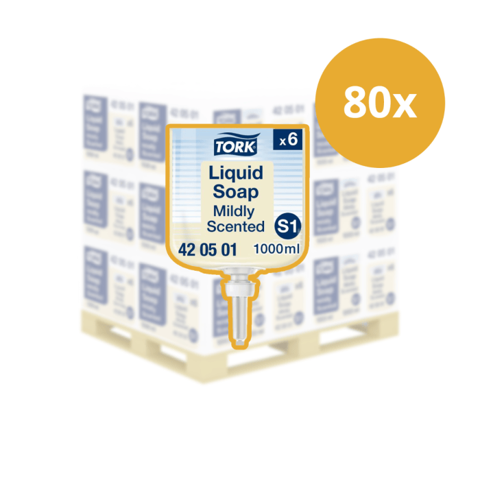Tork S1 420501 6st Echte Premium Milde Vloeibare Zeep Mevon 55 – Voor S1/S11 Zeepdispensers – Frisse Geur Pallet Afname (420501P)