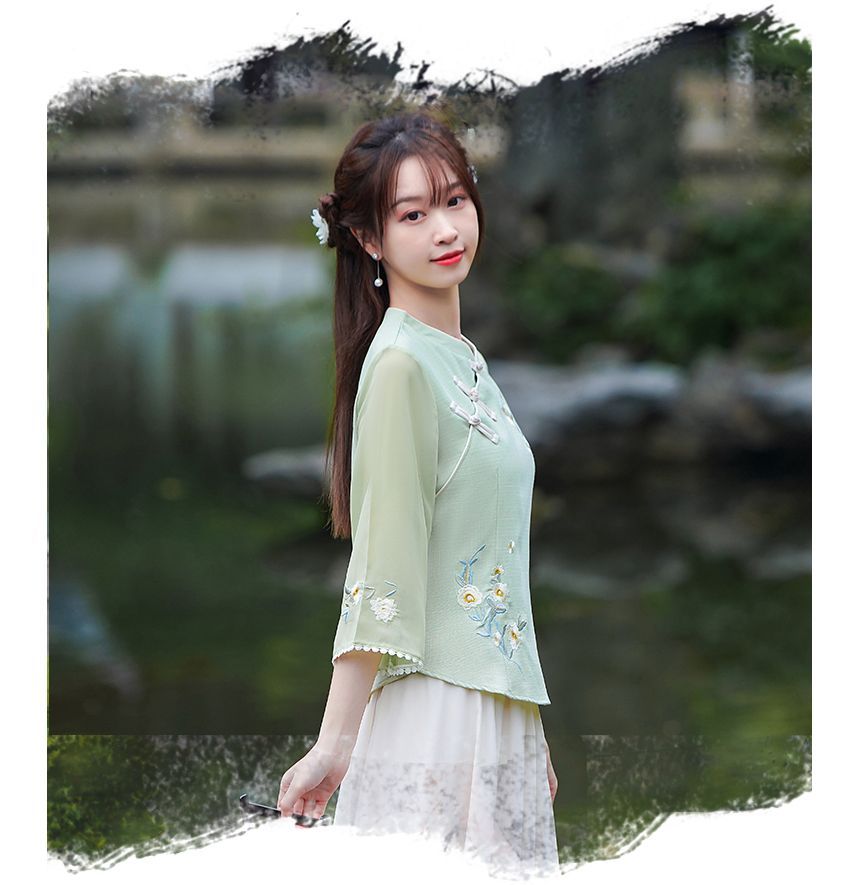 Fioridi - 3/4-mouw V-hals bloemen Hanfu top / Hoge taille midi A-lijn rok / Set