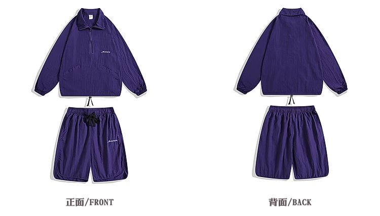 purplelouve - Set: Top met lange mouwen, kraag, halve rits en letters + shorts met trekkoord in de taille