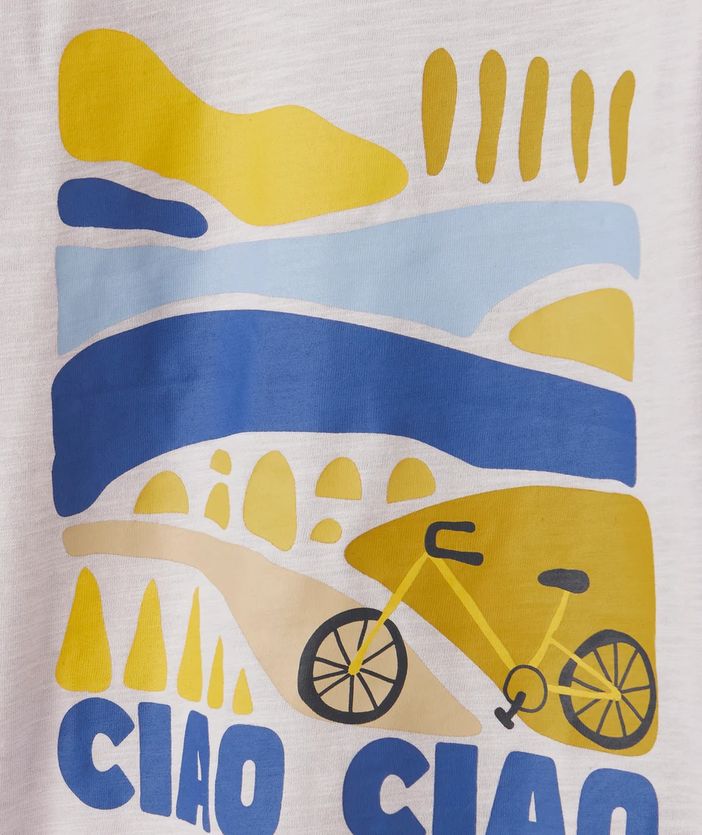 T-SHIRT GARÇON EN COTON BIO MAUVE AVEC MOTIF VÉLO ET MESSAGES CIAO
