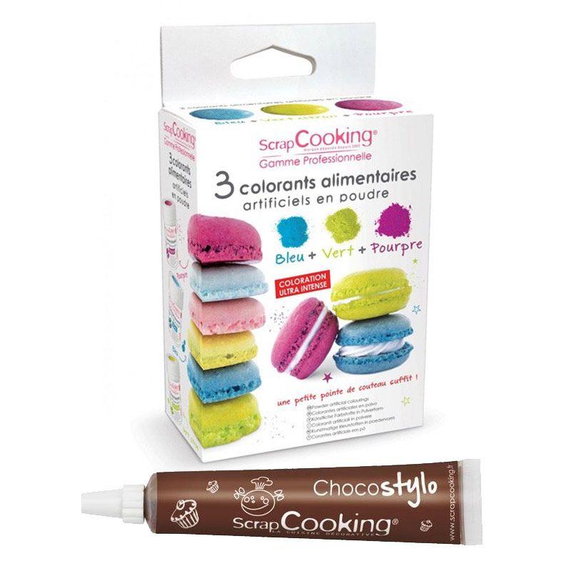 3 colorants alimentaires bleu, vert, pourpre + 1 Stylo chocolat Scrapc