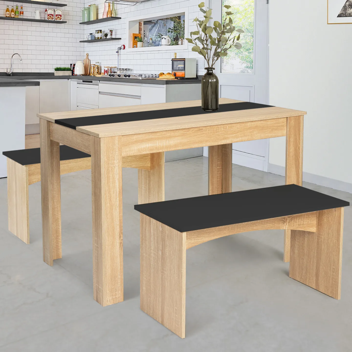 Ensemble table à manger et 2 bancs ROZY 4 personnes façon hêtre et noir 110 cm
