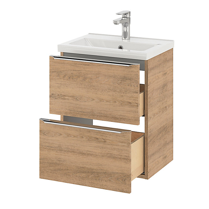 Ensemble salle de bains l.50 cm meuble à suspendre faible profondeur Imandra décor chêne + plan vasque céramique blanc