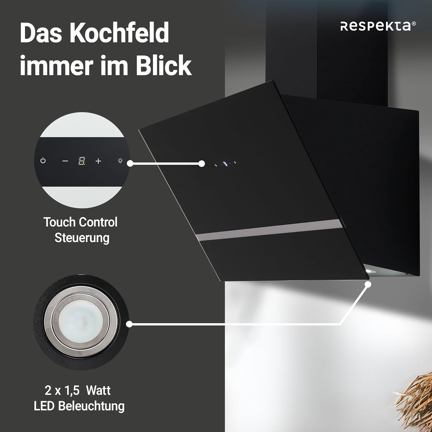 Respekta Dunstabzugshaube / Schräghaube 80 cm / Metallgehäuse mit Glasschirm in Schwarz / Abluft - und Umluftfunktion / CH24080SM / A / 65 – 70 dB