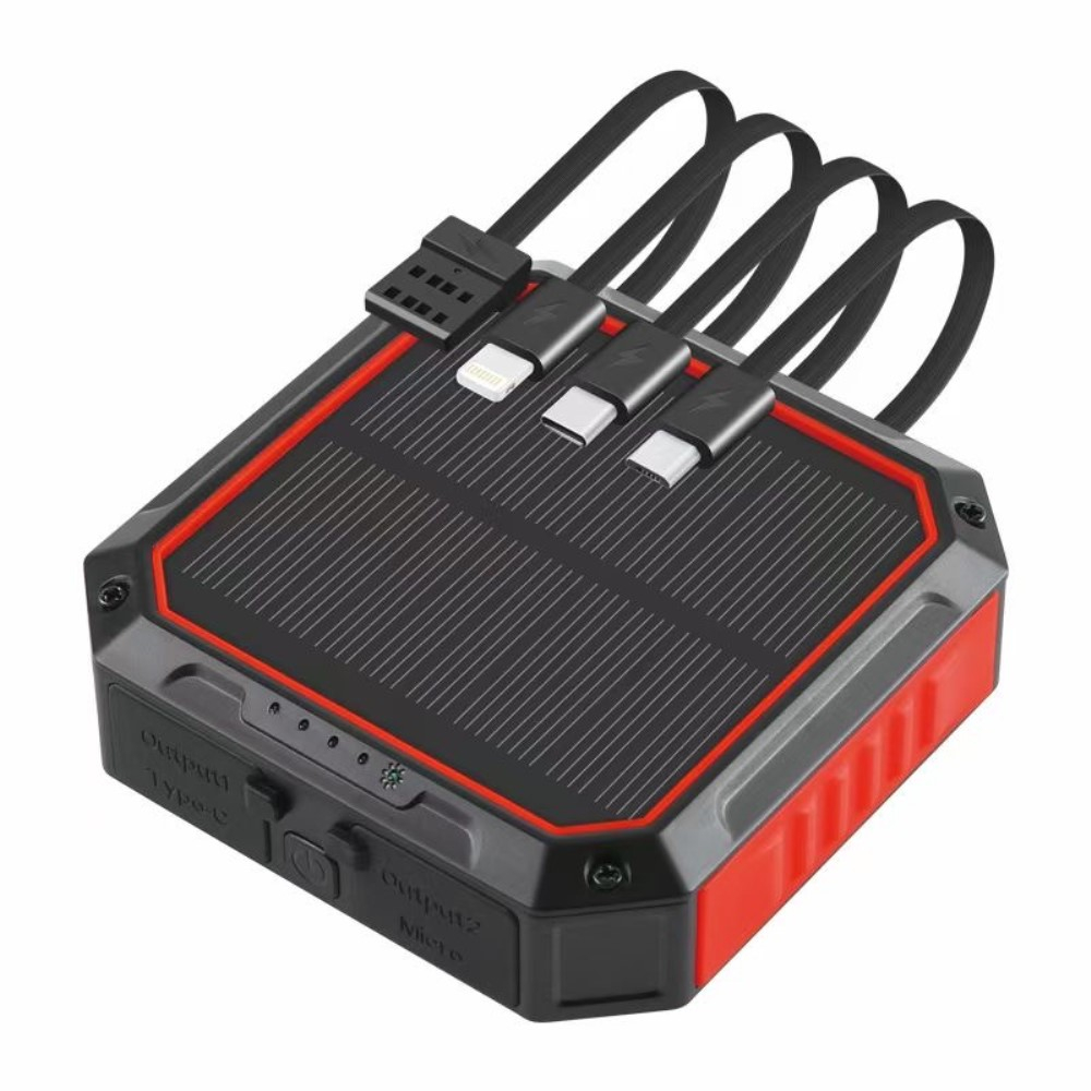 4in1 Outdoor USB Solar Powerbank 10000mAh USB C / Micro USB / Lightning - Schwarz