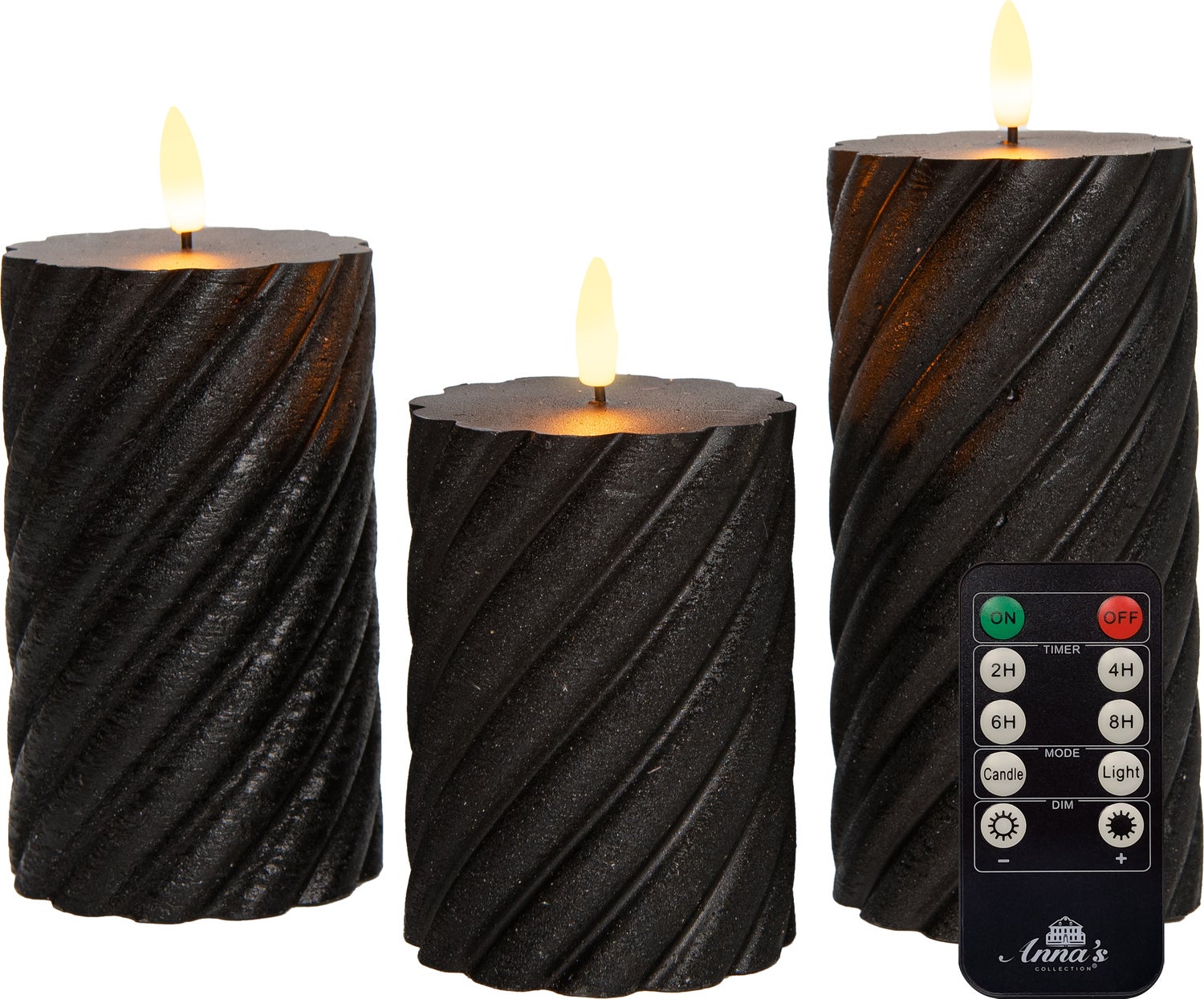 Anna's Collection LED stompkaars Swirl met timer zwart D 7,5 H 10 / 12,5 / 15 cm 3 stuks