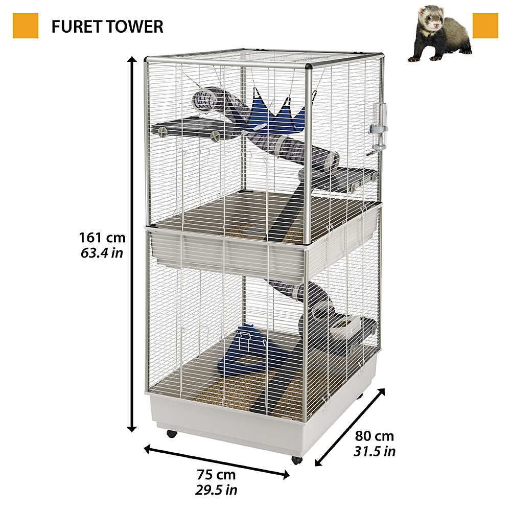 Ferplast cage pour fûrets furet tower, structure verticale sur plusieurs étages, roues et accessoires inclus, métal vernis gris et