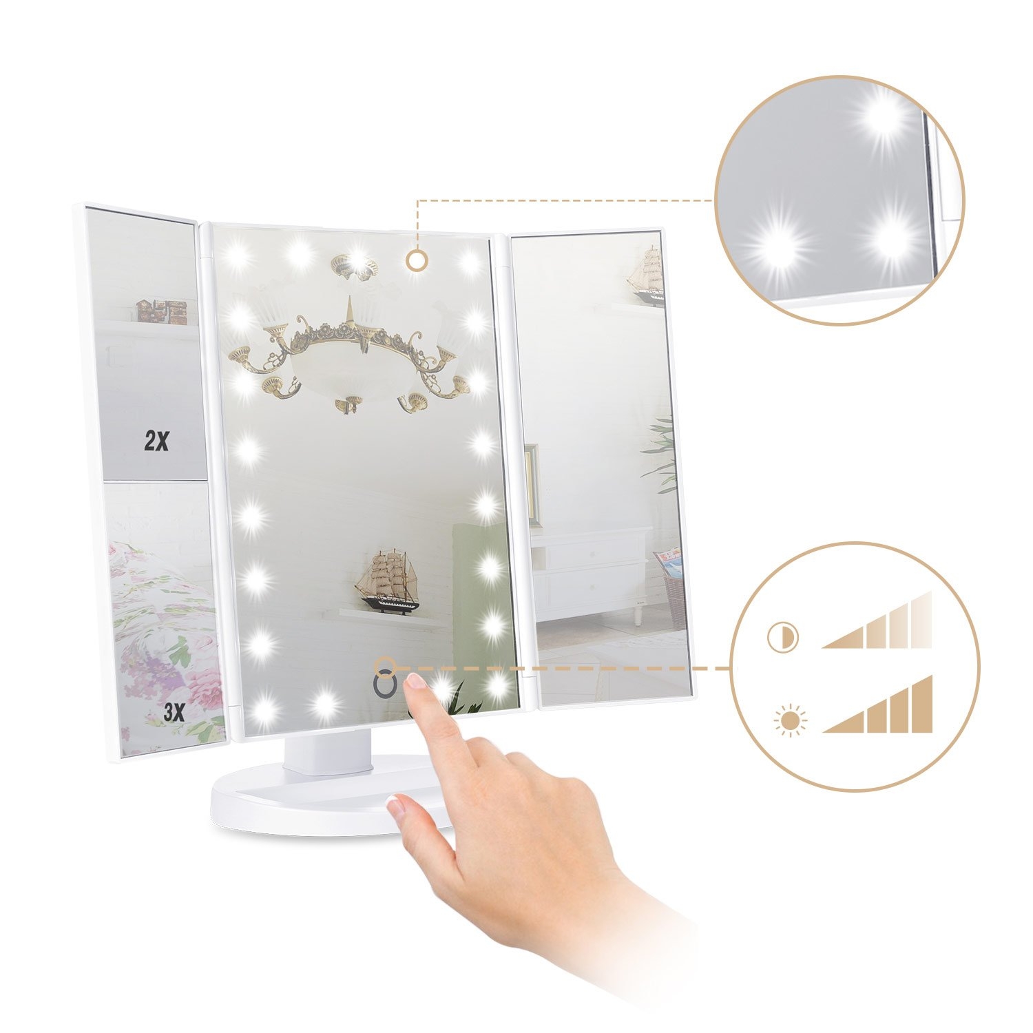 Dimmbarer USB Makeup Klapp LED Schminkspiegel mit Touch-Sensor (180 Grad Neigbar) - Weiss
