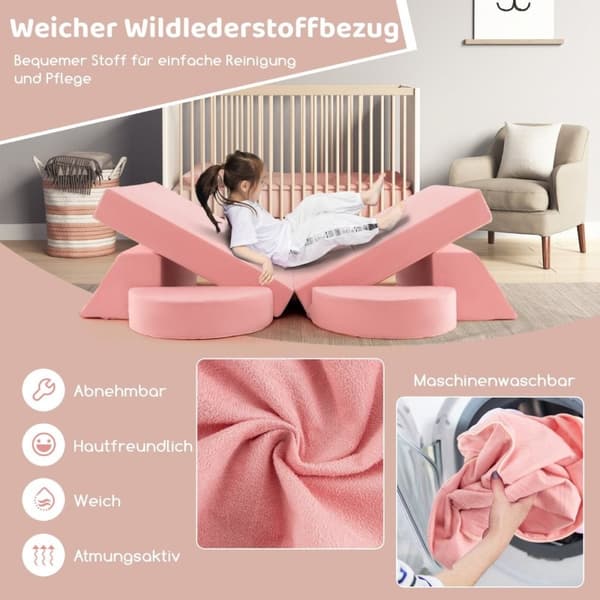 Modulær barnesofa, lekesofa, modulsofa med avtagbart trekk, 105,5 x 101 x 48 cm, rosa