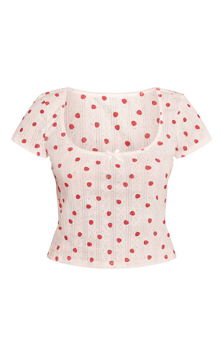 Blanc Haut De Pyjama À Manches Courtes En Pointelle Motif Fraise