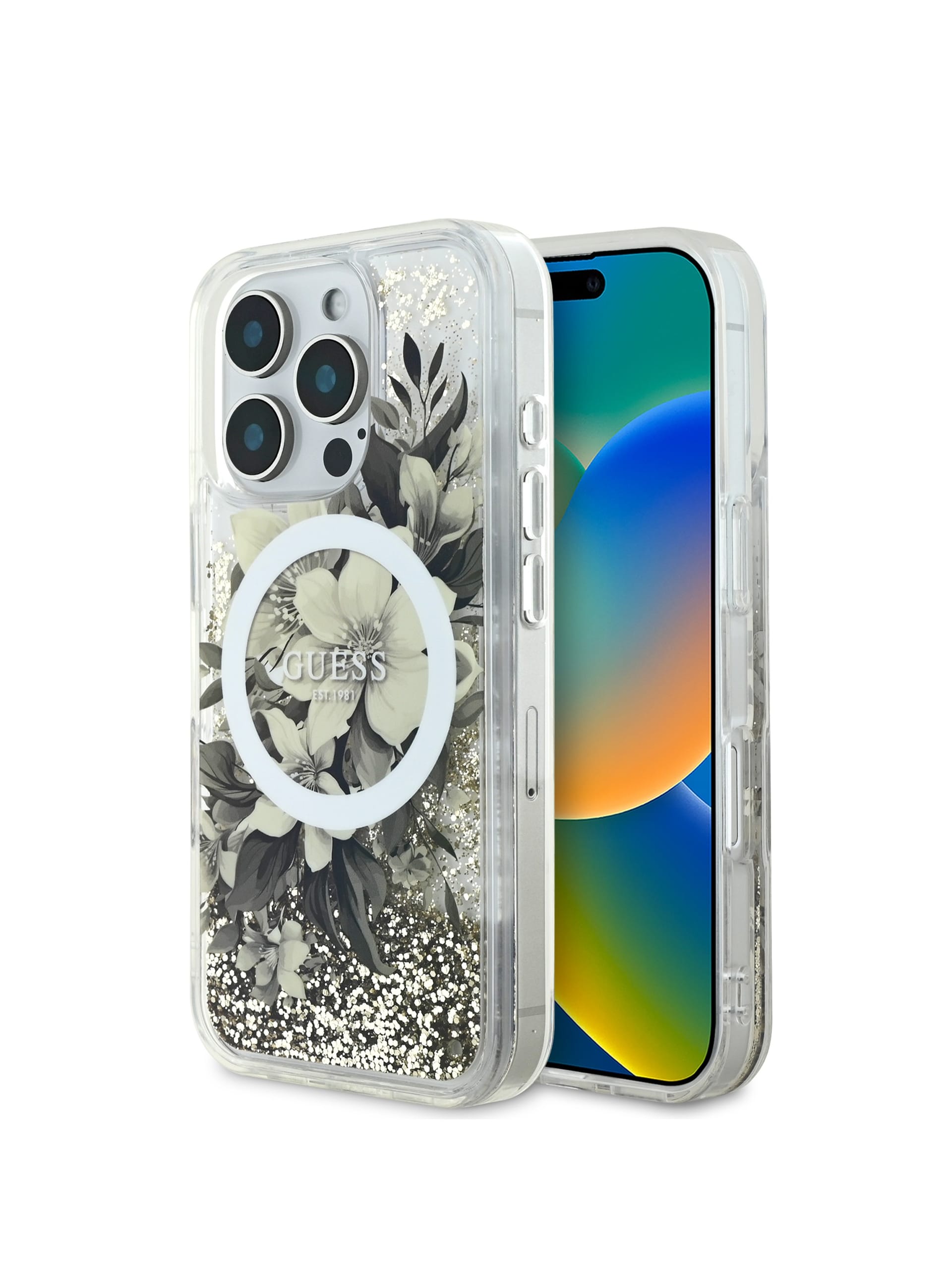 Capa para iPhone 16 Pro com estampa de flor e glitter líquido