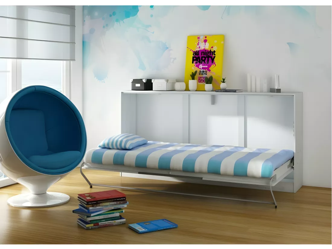 Armoire Lit escamotable Horizontal 90x200 cm avec étagères Blanc artisan/Graphite Lit Rabattable Lit Mural Roddy
