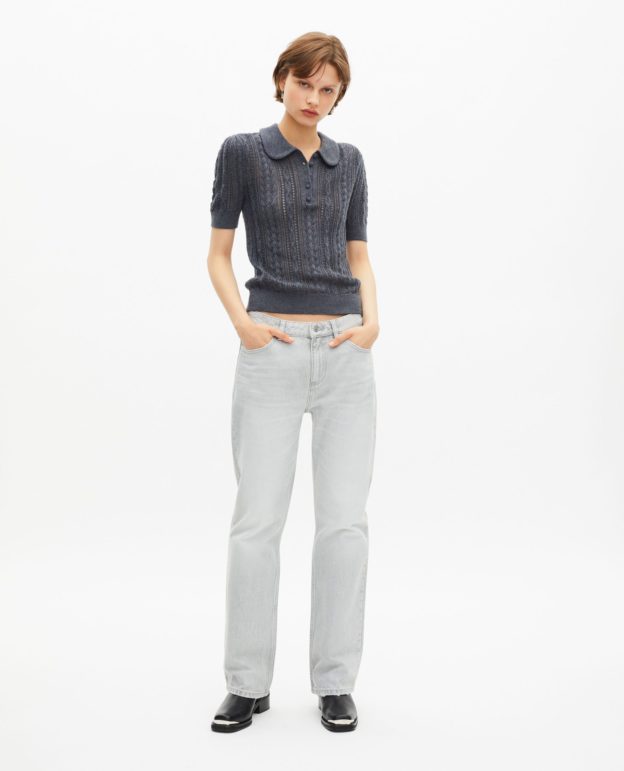 Pull manches courtes en laine mérinos gris